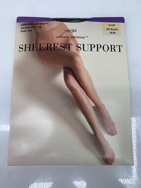 East 5th NOS Sheer Caress Support Pantyhose Control Top Silky Leg Short Off Blac